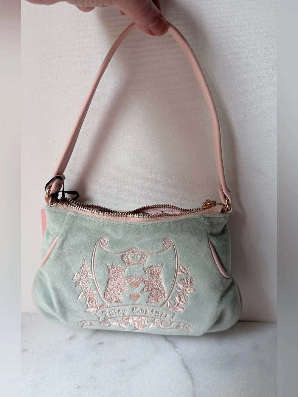 Juicy Couture Mint and Pink Embroidered Crest mini Bag Scottie dod